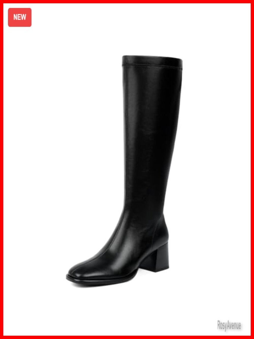 Square Toe Chunky Block Heel Knee High Boots Faux Leather Stretchy